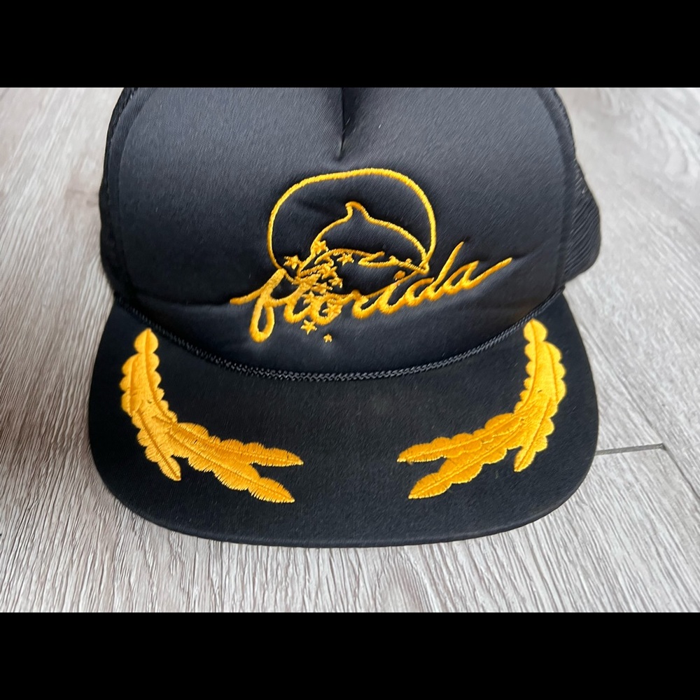 Vintage Florida embroider Dolphin Trucker Hat Cap Blue Snap Back Gold Leaves